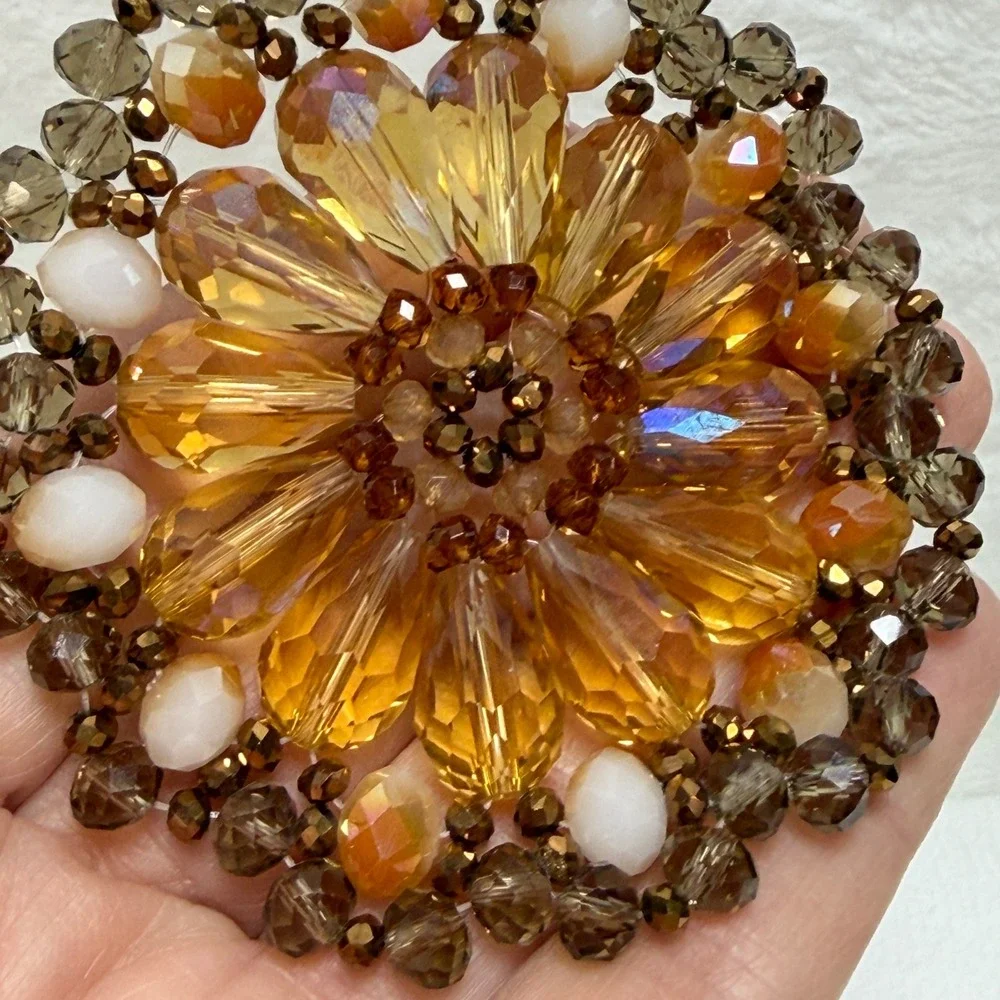 Amber Glass‎ Bead Sunburst Pendant Necklace Bronze Tone Long Boho Statement